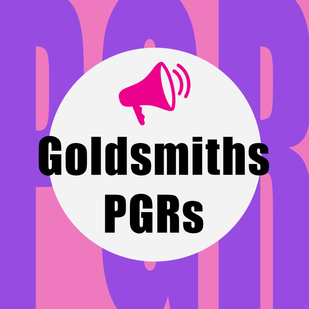 A pink and purple infographic that says Goldsmiths PGRs with a vibrating loudspeaker.